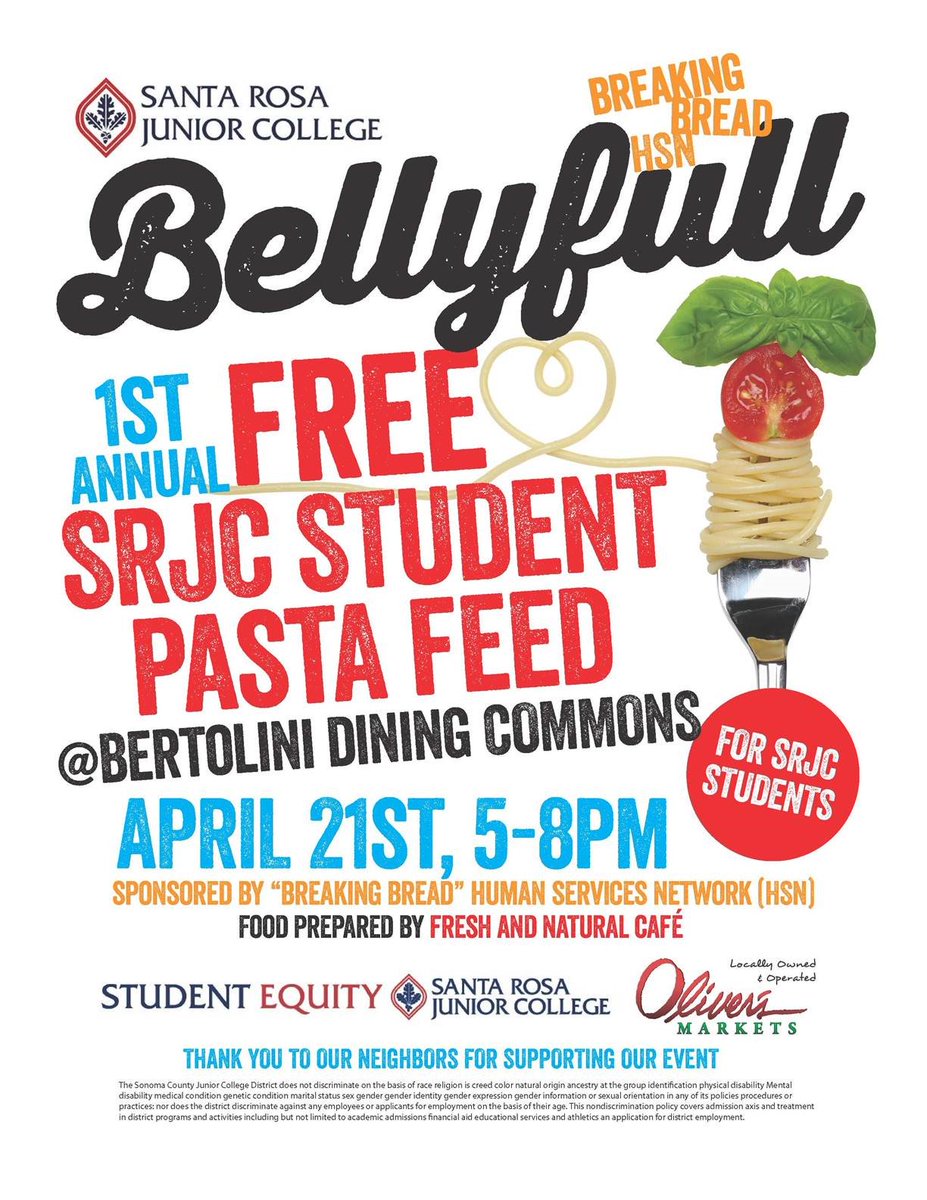 SantaRosaJC's tweet image. Free #SRJC student pasta feed tonight!5-8 pm, Santa Rosa campus.