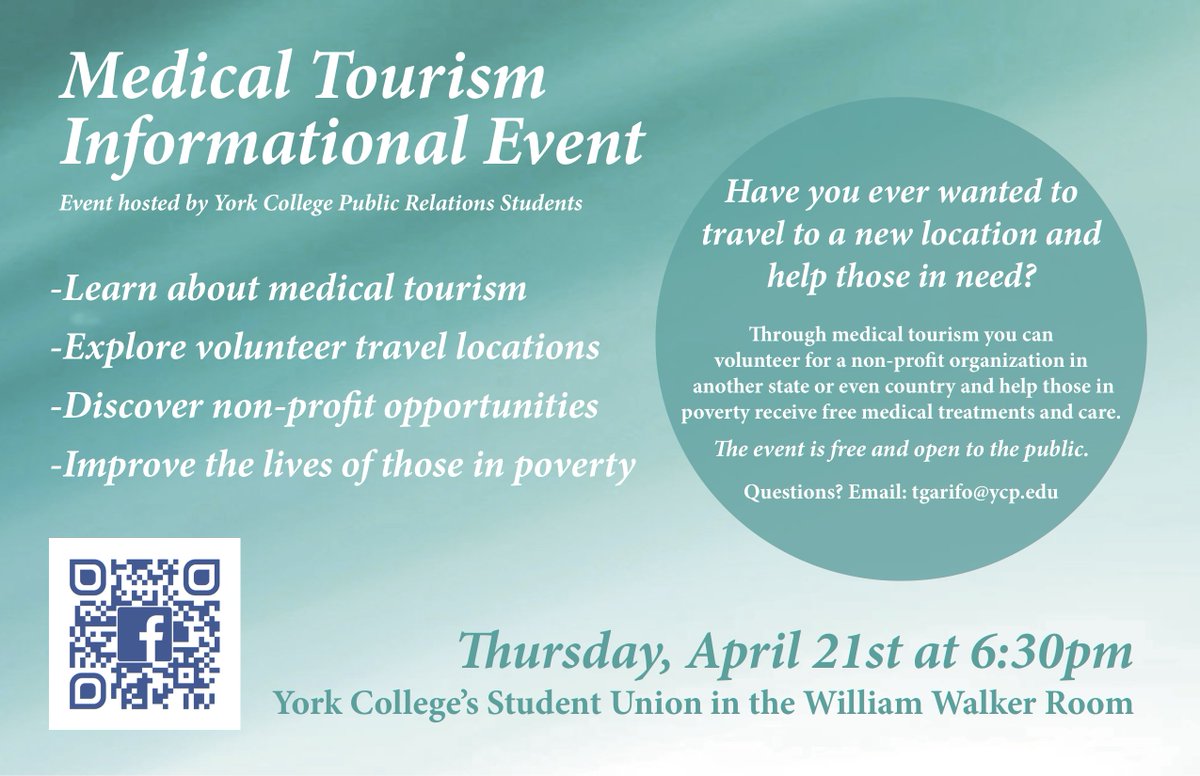 masscom_ycp's tweet photo. Learn about #YCPMedicalTourism with @yorkcollegepa PR students tonight @ 6:30pm in the William Walker Room! https://t.co/skHqw8Jvyw