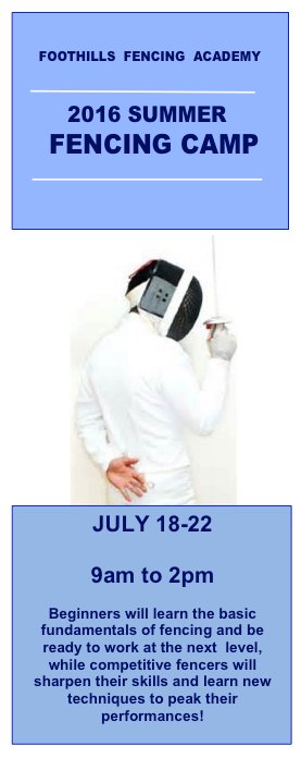 FFA_SC's tweet photo. Come check out our summer 2016 fencing camps!
Call (864) 593-3684 or email foothillsfencingacademy@gmail.com #FFA_SC https://t.co/p2bHLGni1Z