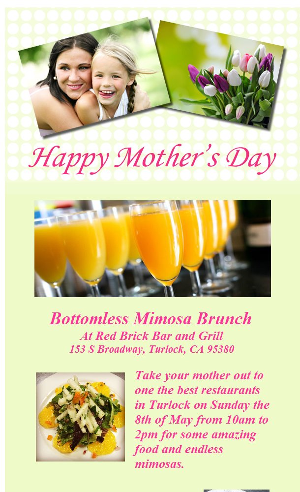 RedBrickTurlock's tweet image. Mother's Day At Red Brick Bar and Grill bit.ly/1WI7Zj5