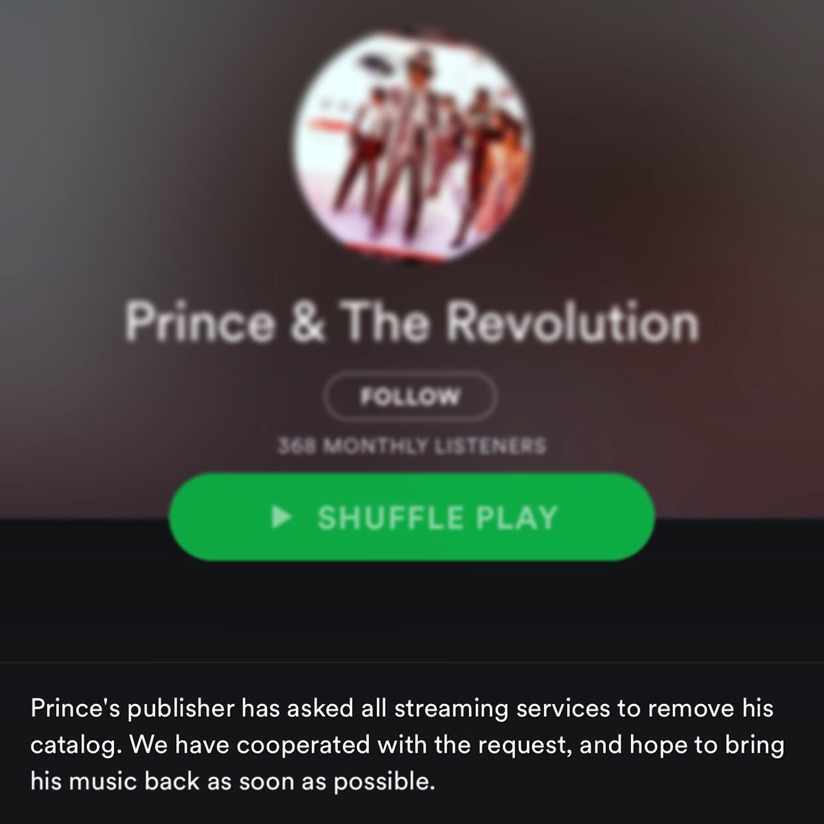 ShaiMatheson's tweet photo. Come on publisher - give us a break and #LetUsStream #RIPPrince 😔@YouTube @Spotify https://t.co/FsmlxU8JKv