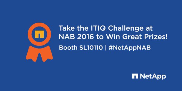 Julie_Leverenz's tweet photo. Dare to take the ITIQ challenge?! Visit #NetAppNAB booth SL10110 & win some awesome prizes! #NABShow @NetApp https://t.co/aeE5wQHgvs
