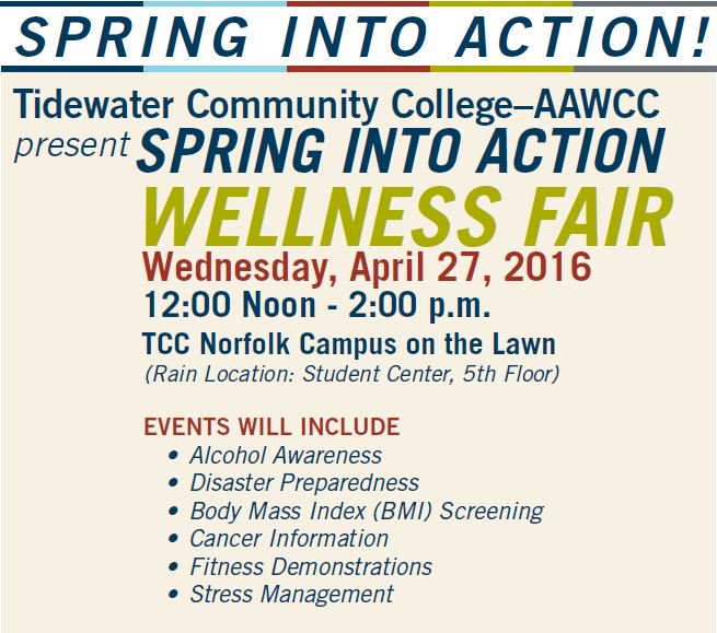 Join us April 27 <a href="/tccnorfolk/">TCC Norfolk</a> for the #Spring Into #Action Wellness Fair! Free and open to the public!