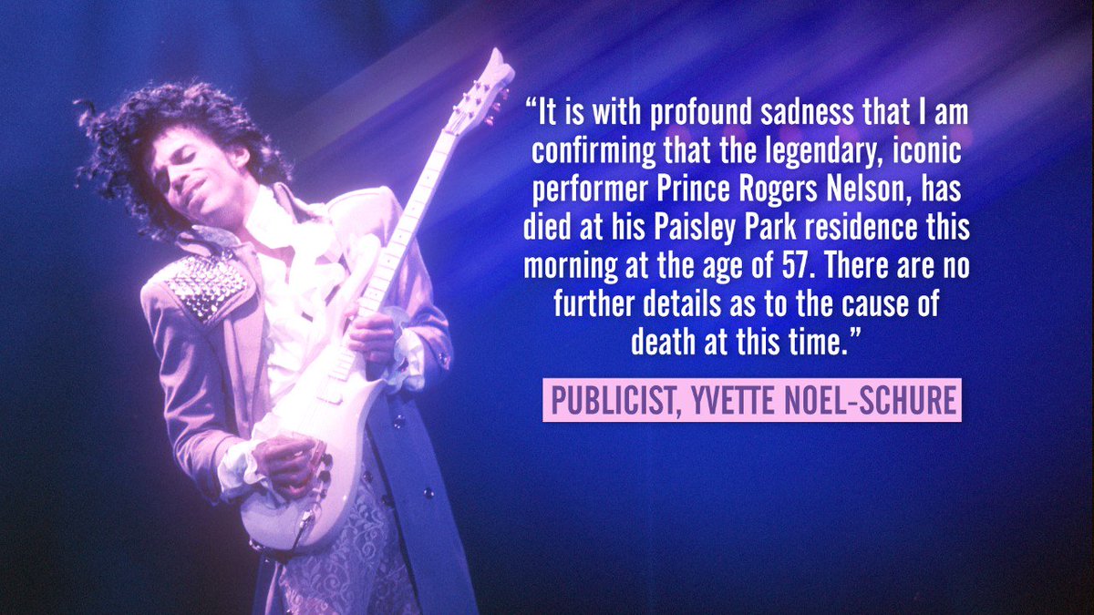 TheTodayShow's tweet photo. "This is what it sounds like when doves cry..." The legendary Prince has died overnight at the age of 57. #9Today https://t.co/jtfat6vMQ7