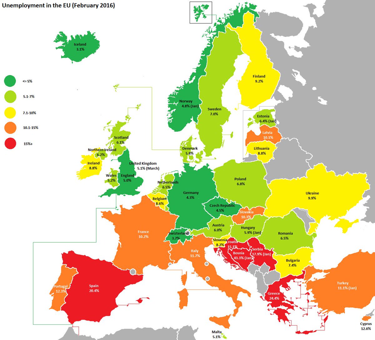 JoseMaGarciaSua's tweet photo. Mapa desempleo en Europa (feb.2016). #empleo #paro https://t.co/CsPDXI9Lzx
