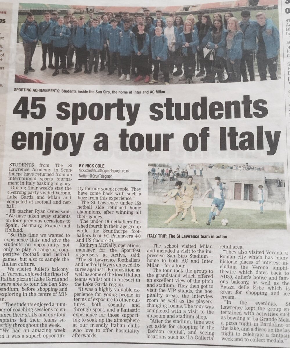 RyanJOates's tweet photo. Great article in @ScunTelegraph this week regarding our @TSLA_PE Italy sports trip with @activ4 #amazingweek 🇮🇹 https://t.co/AcVHCMEKIJ