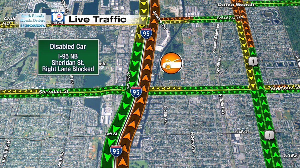 DISABLED CAR: I-95 NB & Sheridan St. Reports of a right lane blocked.  #TRAFFIC https://t.co/cXInO16YlG