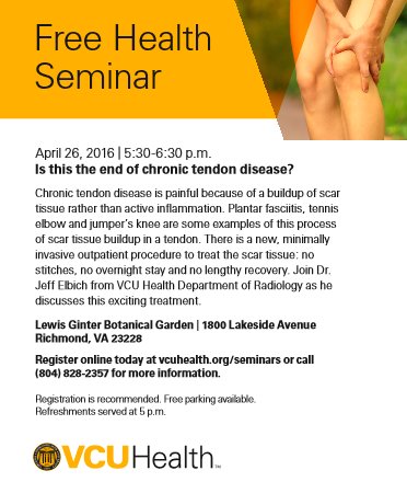 Is this the end of chronic tendon disease? Join Dr. Jeff Elbich on April 26th, at 5:30pm! <a href="/VCUHealth/">VCU Health</a> <a href="/lewisginter/">Lewis Ginter Botanical Garden</a>
