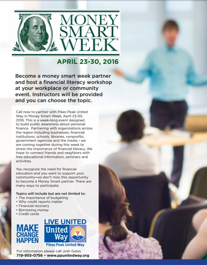 ppunitedway's tweet photo. Become a Money Smart partner! Between April 23-30, host a financial literacy workshop at your workplace or site! https://t.co/i98TBFCOpK