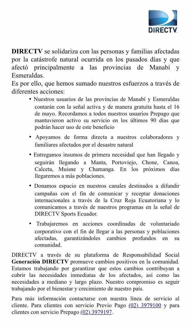 DSportsEC's tweet image. .@DIRECTVEcuador mantiene su compromiso en apoyar de manera inmediata a las zonas afectadas. ¡Juntos podemos más!