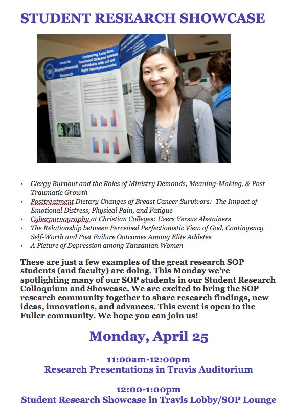 FullerSOP's tweet photo. We're showcasing @fullerseminary SOP students and their research on Monday. Join us to see their great work! https://t.co/vxI5PSIDQQ