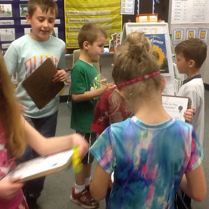 HuffmanJena's tweet photo. Surveying our classmates and gathering data. Do you like to play inside or outside? Outside was the winner! https://t.co/TsFS1Gw93C
