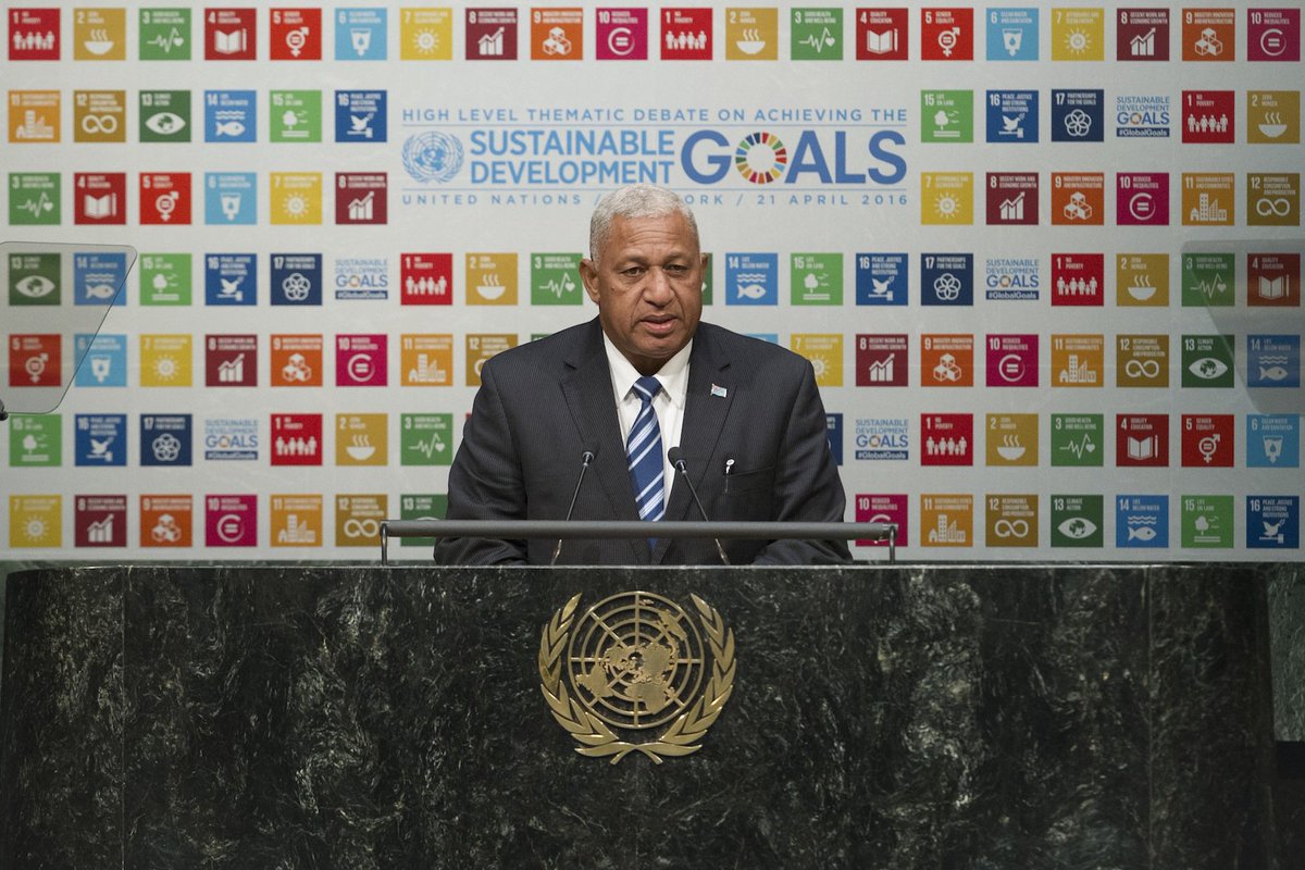 MFAFiji's tweet photo. PM Voreqe Bainimarama shares Fiji's progress on her commitment towards SDG goals @ UNHQ

https://t.co/SvYgcyzp9E https://t.co/YPpJaSITce