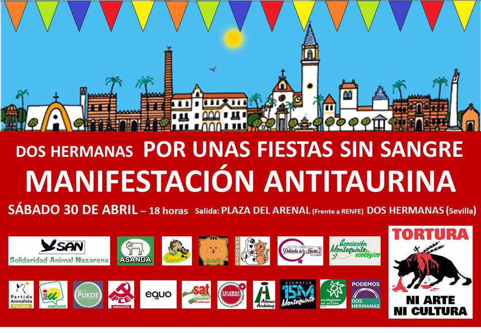 PCA_sevilla's tweet photo. 30 Abril. Manifestación antitaurina en #DosHermanas por unas fiestas sin sangre @PCADosHermanas https://t.co/jhiGR6w5pL