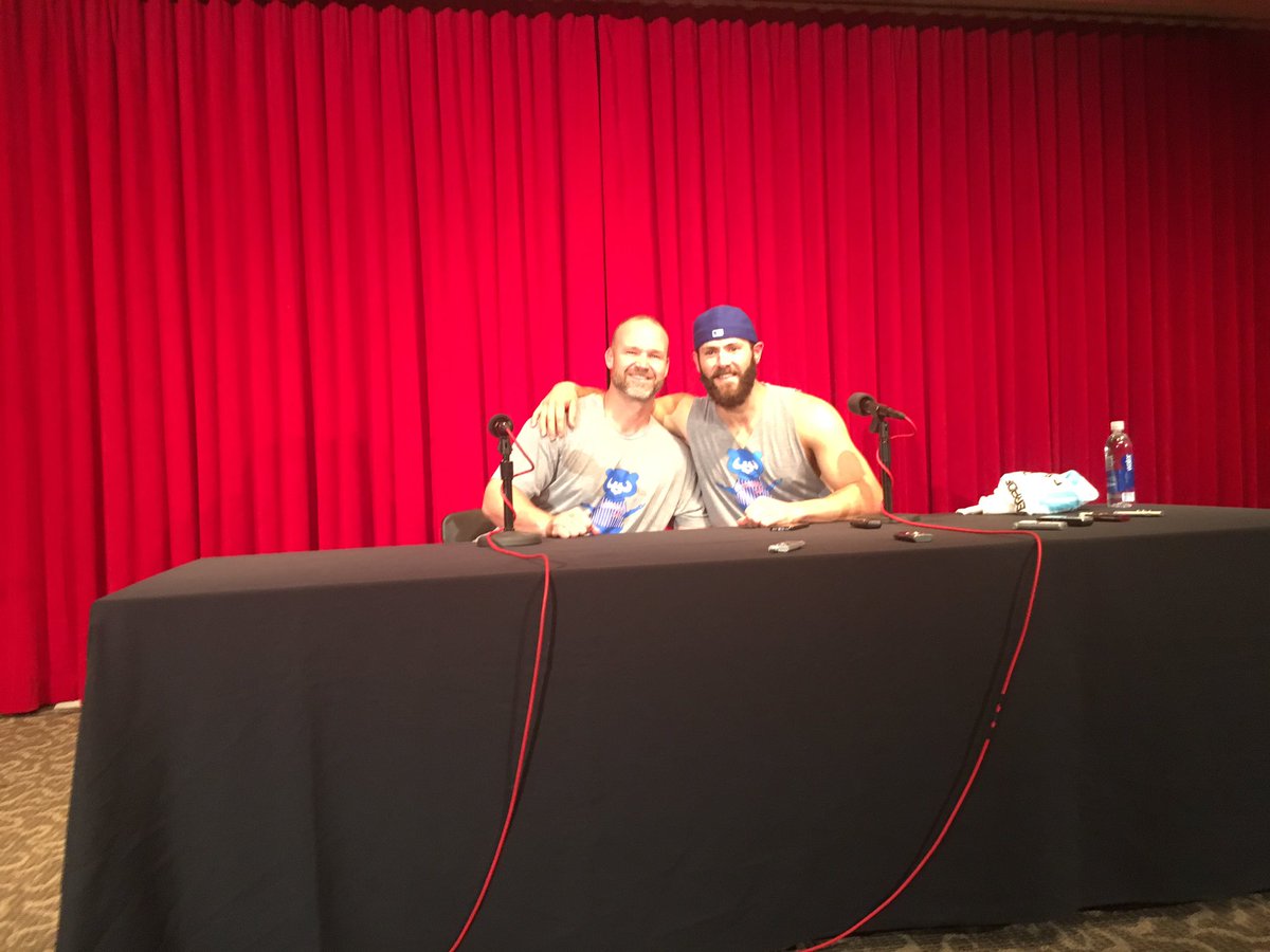 JesseRogersESPN's tweet photo. David Ross made Jake Arrieta sit with him for a picture after their historic night. https://t.co/sbjFQYhlrf