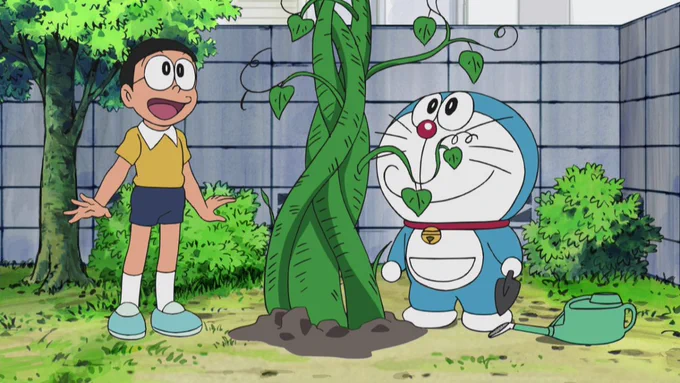 今夜７時は『ドラえもん』！  『ジャックと豆の木』みたいに雲の上で遊びたいと言い出すのび太。そこでドラえもんは「ジャック豆」を植えると、あっという間に雲の上へ！ #ドラえもん 