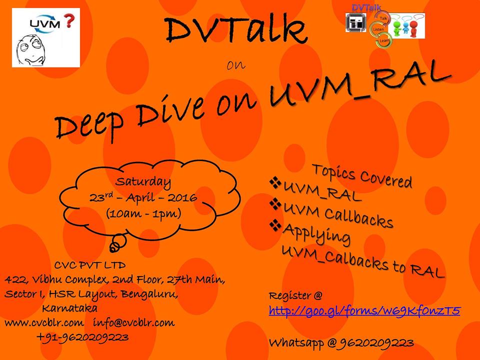 veriflabs's tweet photo. @veriflabs Free UVM_RAL training on 23-April-2016 #VLSI #SemiEDA #UVM #GO2UVM @CVC Register@ https://t.co/wWKmWjtf2O https://t.co/QrgWHRcEdf