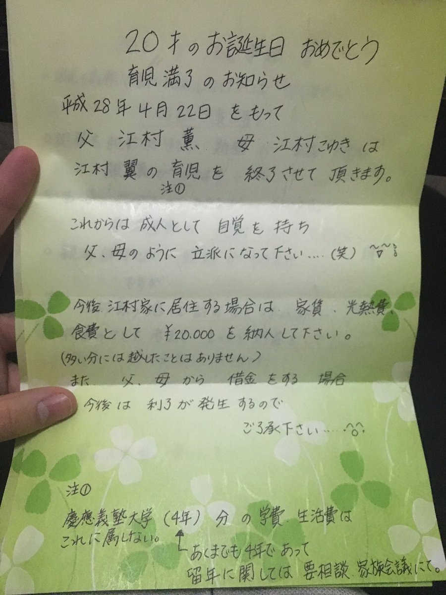 Tsubasa ２０歳の誕生日に母から手紙が届きました 母らしい手紙で読んで笑ってしまいました 笑 Line Twitter Facebookでメッセージを送ってくれた家族 先生 友人 後輩の皆様 本当にありがとうございました