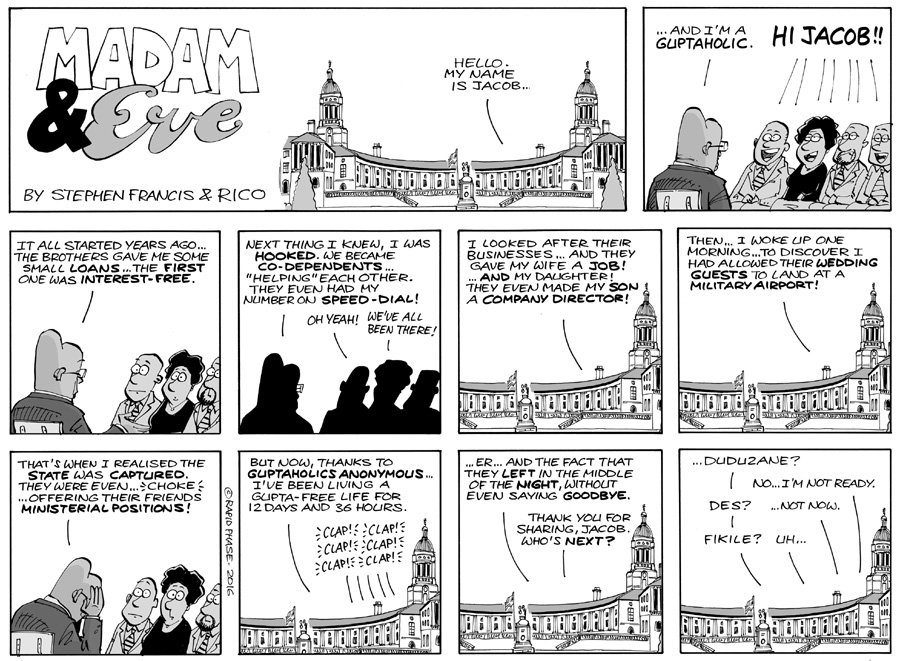 madamevecartoon's tweet image. My name is Jacob, and I am a Guptaholic...  strip in this week&apos;s @mailandguardian #guptagate