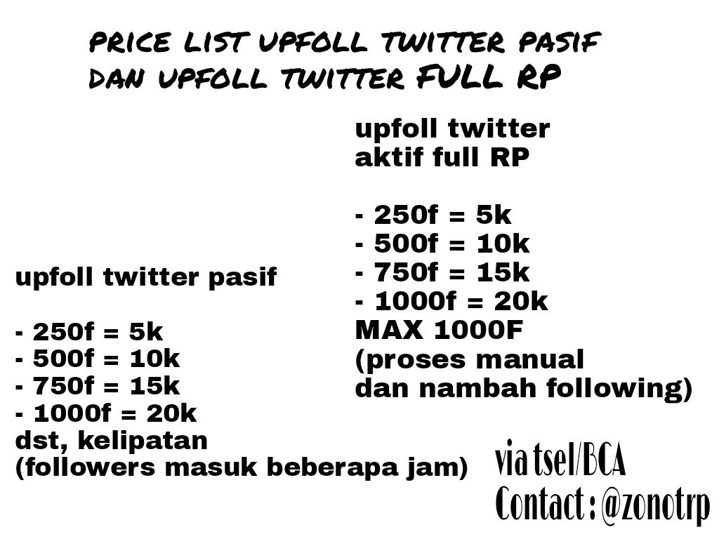 zonotrp's tweet photo. Upfoll twitter pasif dan upfoll twitter aktif full RP. Price list? Cek pict t. Lelang acc barter ig https://t.co/B0279GYk49