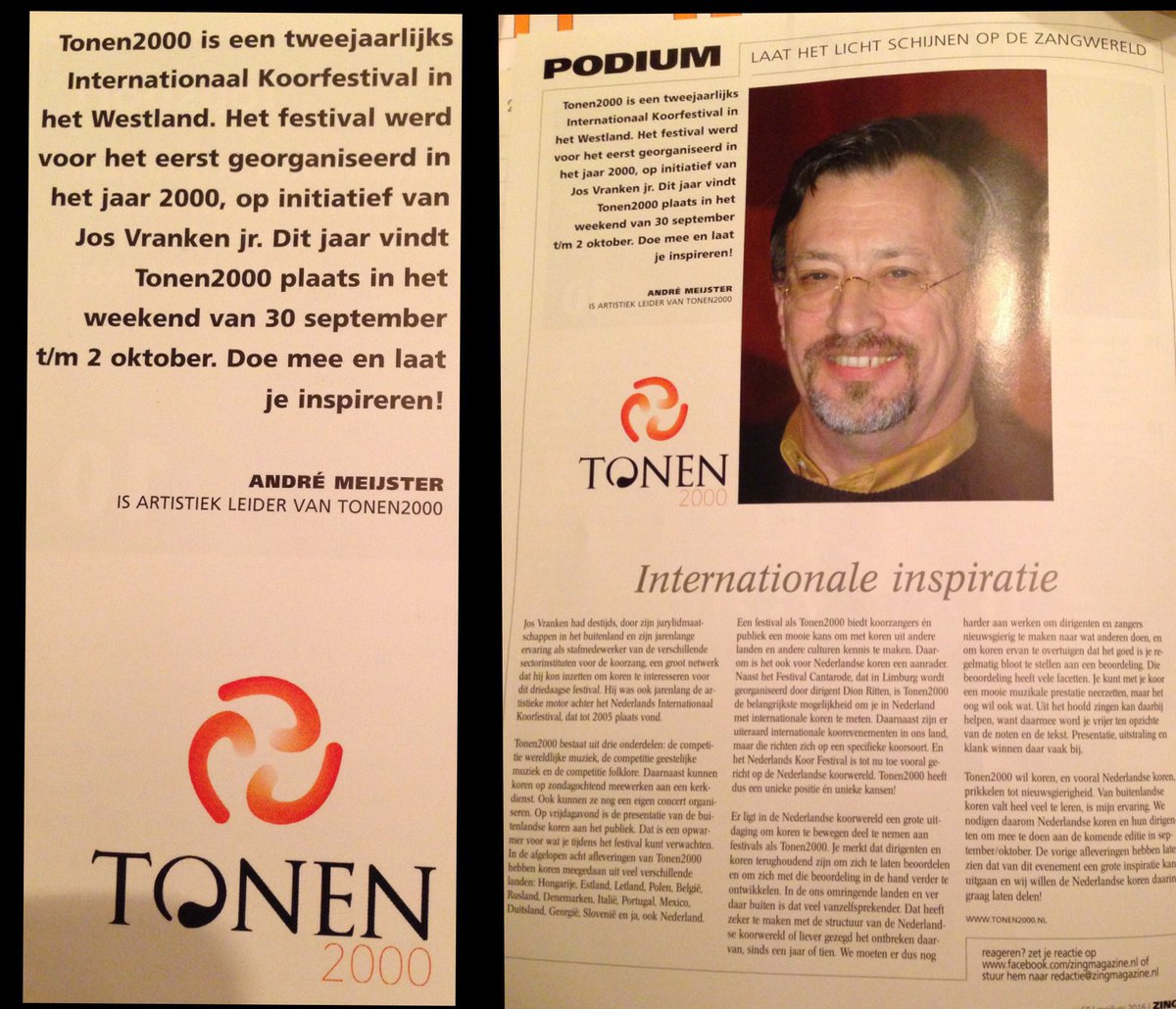 Tonen2000's tweet image. "#Tonen2000 heeft een unieke positie én unieke kansen" André Meijster, Artistiek Leider Tonen2000 in ZiNG Magazine.