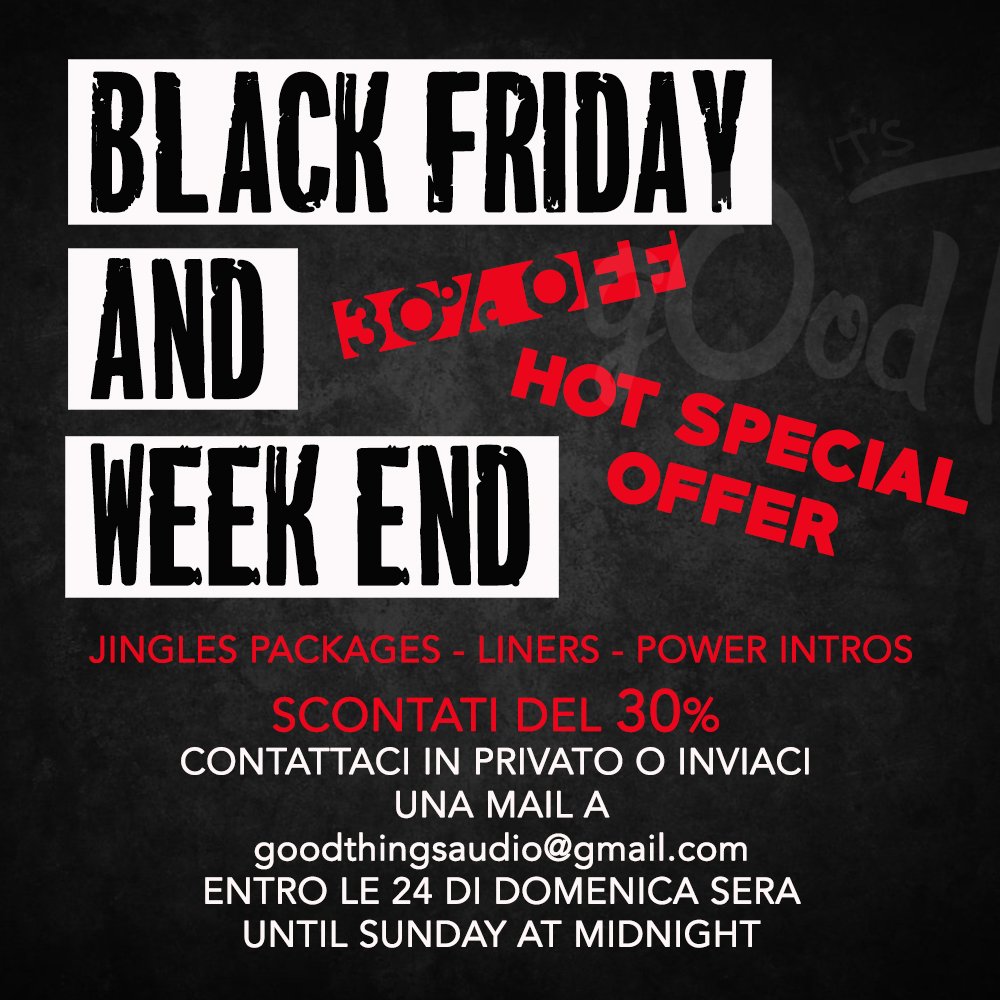 AndyOnTheWheels's tweet photo. 30%OFF for your #radio #productions
Sconti del 30% per tutto il week end
#goodthings #records #jingles #radioimaging https://t.co/fSW0oeqxUM