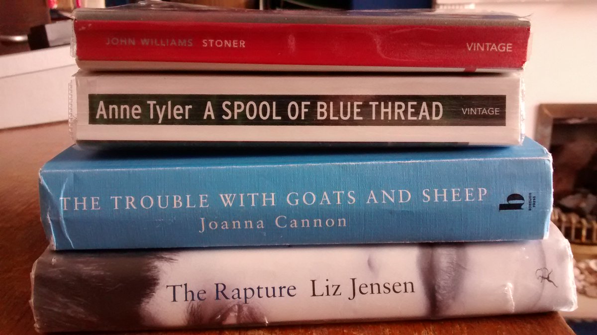 CathStaincliffe's tweet photo. My current library loans. Fab or what? #Stoner #ASpoolofBlueThread #TheTroublewithGoatsandSheep #TheRapture https://t.co/NAAPS8XQUc