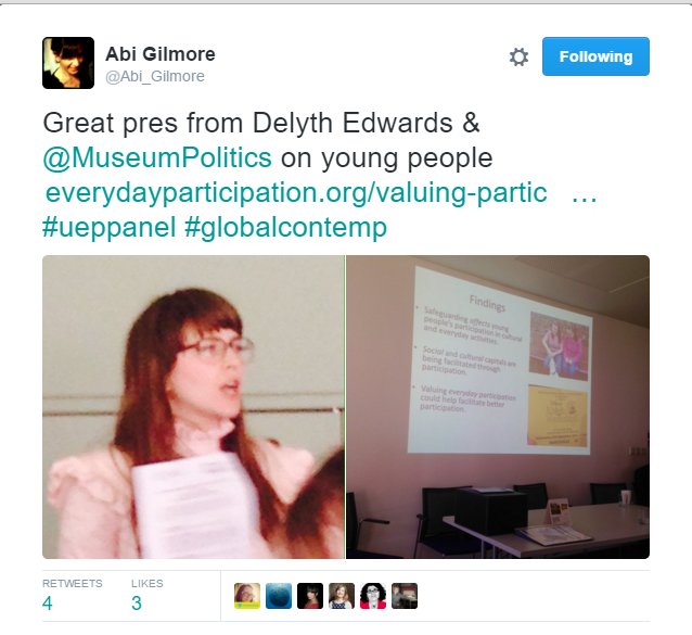 UEParticipation's tweet photo. ICYMI
Culture, Participation & Social Values
A #Storify of #UEPpanel @ #globalcontemp https://t.co/J5E62lAA0d https://t.co/1YnrgpVfAa