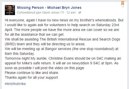 cathrynsfevans's tweet photo. Family&friends will be searching 4 Mike tomorrow starting at Bangor services (onestop roundabout)8am #letsfindMike https://t.co/3eGlZvWtm2