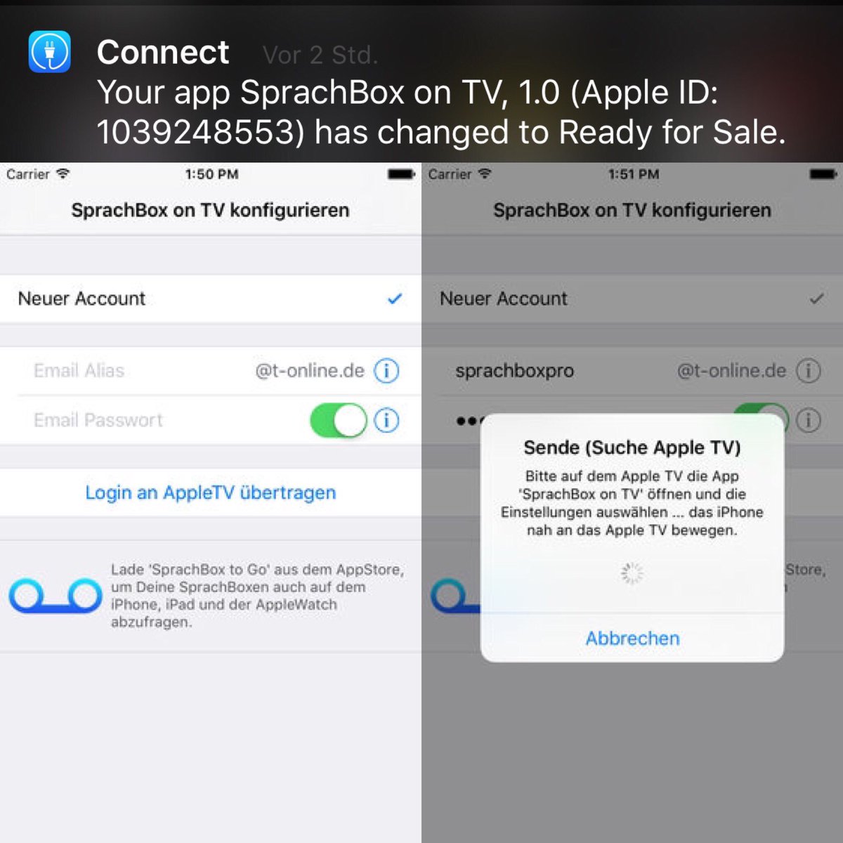SprachBox_App's tweet photo. #appletv app now includes an #iOS support app for easier login setup #iosreviewtime 14 days two rejections + videos https://t.co/HSlAbfQ6hs