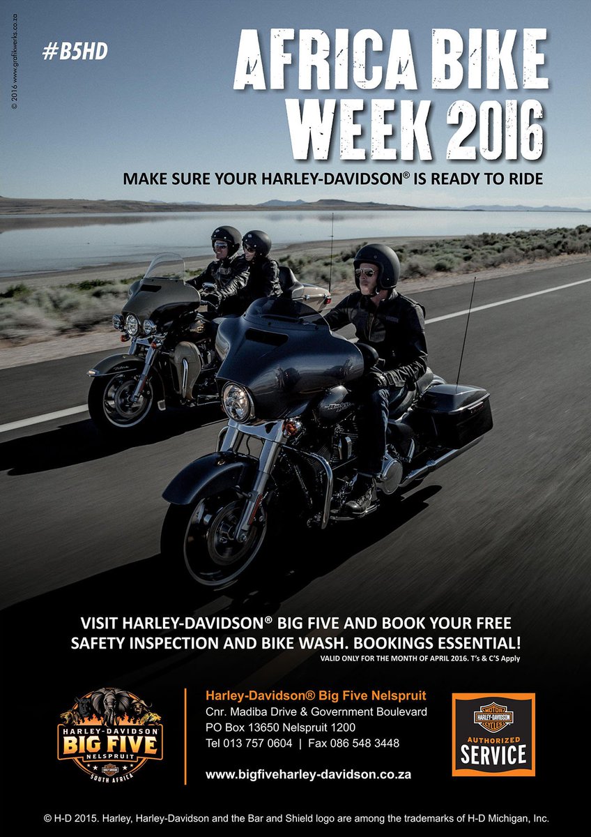 Big5HD's tweet photo. #B5HD last chance to bring your Bike in before Africa Bike Week 2016!! (28 April to 1 May) https://t.co/OAlPdP0CWi