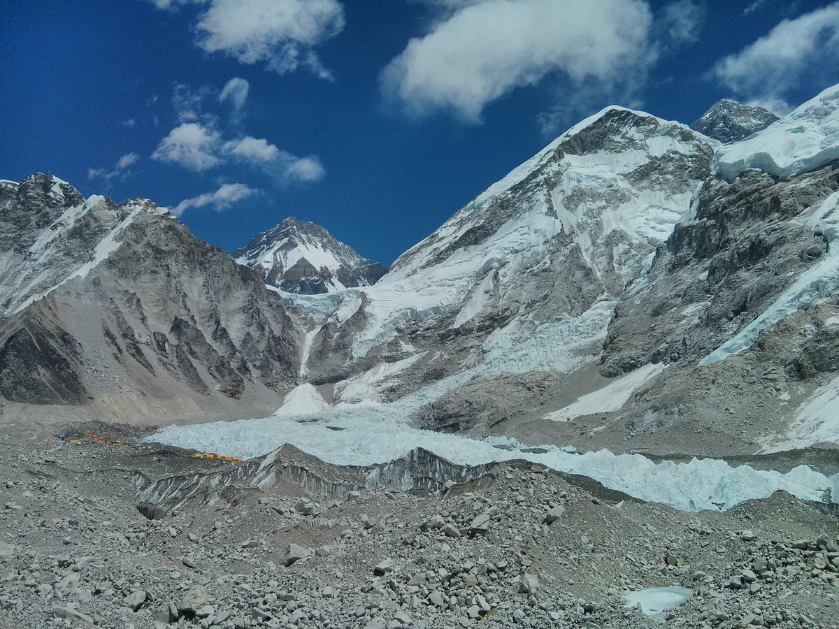 KentonCool's tweet photo. Everest base camp just visible on the left. This will be home for the next month. @SherpaEurope @fatmapski @Bremont https://t.co/wSpAX8Zc9a