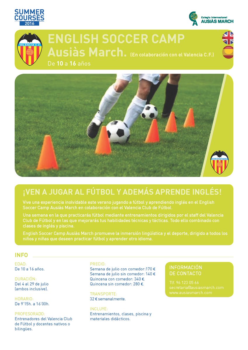 Juega a fútbol con entrenadores del Valencia C.F y aprende ingles en English Soccer Camp.
ausiasmarch.com