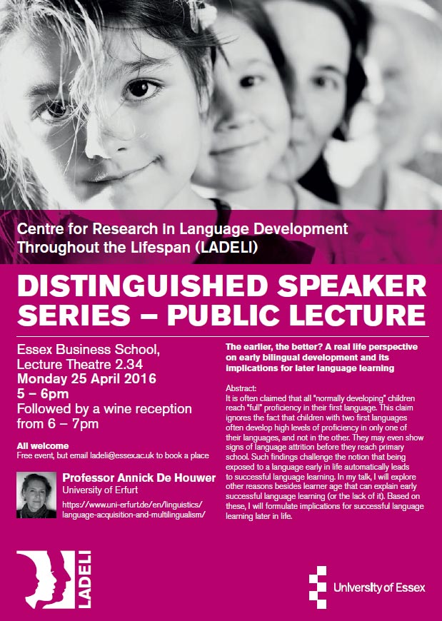 Uni_of_Essex's tweet photo. What helps successful language learning? What can we learn from bilingual children? Open lecture this Monday #LADELI https://t.co/OyAr3JFuyq