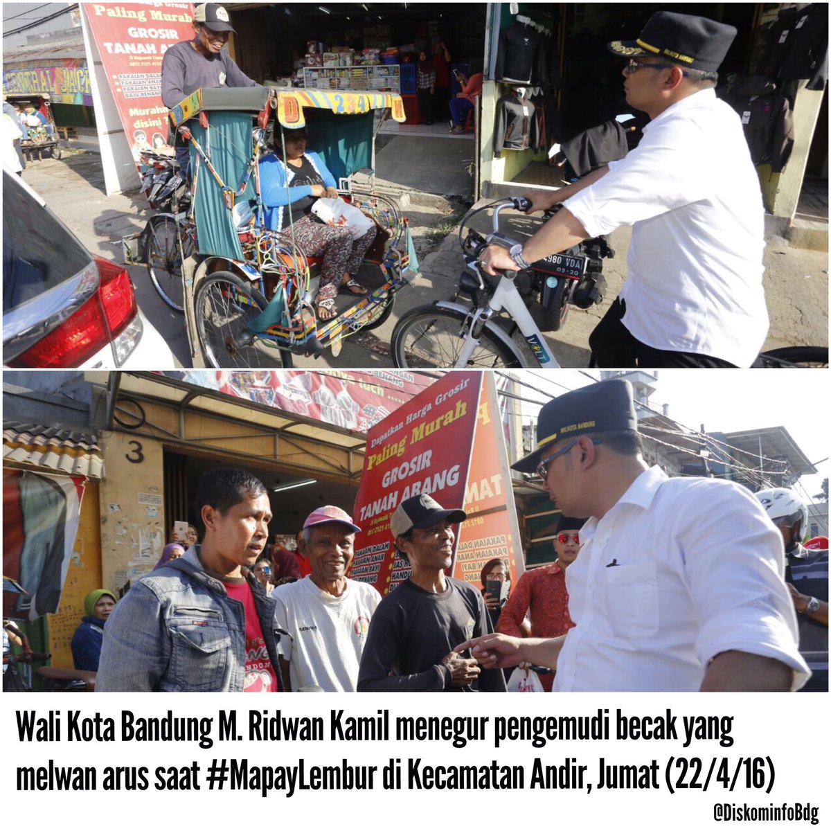 halo_bandung's tweet photo. @ridwankamil menegur para Pengemudi Becak yang melawan Arus saat #MapayLembur di @kecamatan_andir Jum'at (22/4) https://t.co/LxhjTTZiZc