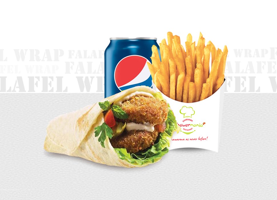 Shawermania's tweet photo. Our #Falafel wrap combo is #incredible for those looking to have a #light #meal. #fries #Pepsi https://t.co/m56YgA9nDT