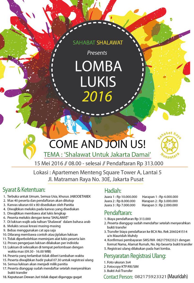 lizaaa23's tweet photo. Come &amp; Join Us
Kini Sahabat Shalawat mempersembahkan "Lomba Lukis 2016" dengan Tema "Shalawat Untuk Jakarta Damai". https://t.co/u5MToADxA1