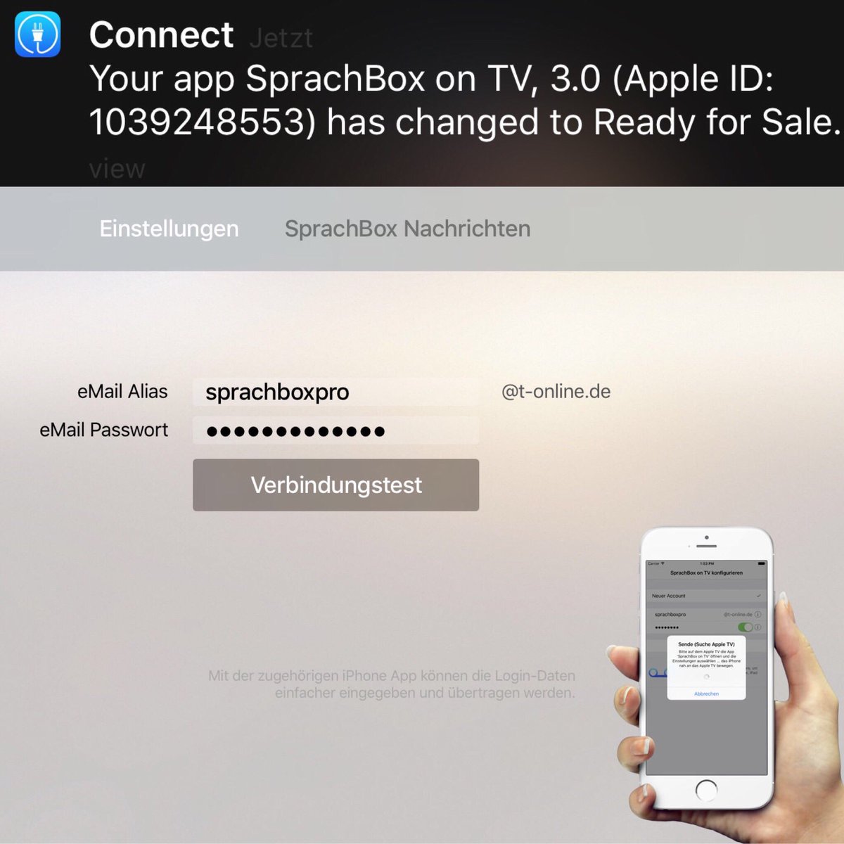 SprachBox_App's tweet photo. #appletv app now includes a hint to #iOS support app for easier login setup #tvosreviewtime #iosreviewtime 5 days https://t.co/MSDHBWXg0p
