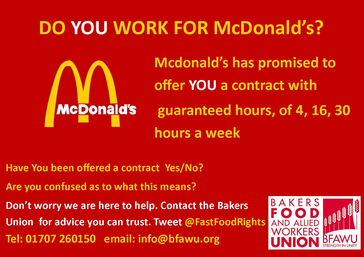 FastfoodRights's tweet image. Work for #Mcdonalds 
#McDonald's has promised you contract with guaranteed hours.
Talk to the #BFAWU for free advice
