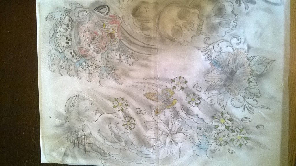 roryzero70's tweet photo. Drawing up back piece fo a client , few drafts to go yet #gettingthere https://t.co/pMqcANtKJV