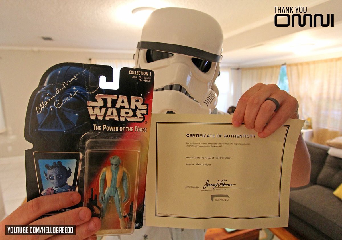 HelloGreedo's tweet image. Check out what @OmniReboot sent me! A 'Power of the Force' Greedo figure signed by Maria de Aragon! Thanks guys!