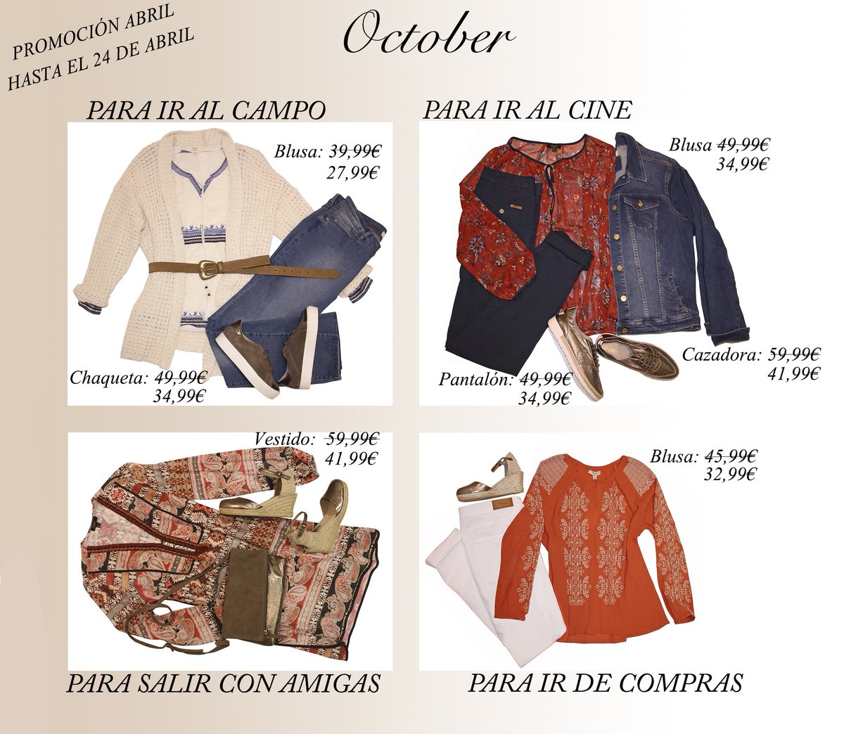 OCTOBERMODA's tweet photo. Este domingo 24 finaliza nuestra Promoción Abril. ¡Aprovecha ahora descuentos del 30% en prendas seleccionadas! https://t.co/nUQHfQkAlr