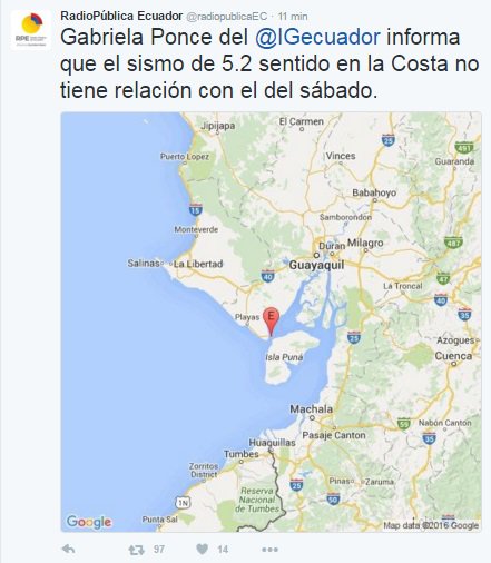 el_telegrafo's tweet photo. Gabriela Pomce del @IGecuador
indicó a @radiopublicaEC que este sismo no tiene relación con el del sábado https://t.co/vFOXgZE0m5