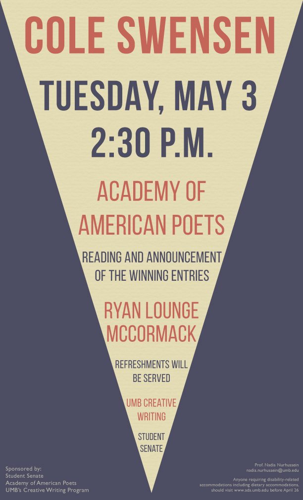 UMBWrites's tweet photo. Cole Swensen, judge of this year's UMB AAP contest, will read and announce the winners of the contest on 5/3! https://t.co/A2D2RaQDNb