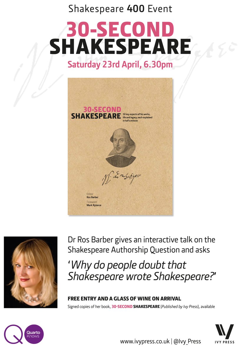 Why is #Shakespeare's authorship doubted? Don't miss <a href="/rosbarber/">Ros Barber</a>'s talk <a href="/BrightonWstones/">Waterstones Brighton</a> for #Shakespeare400!