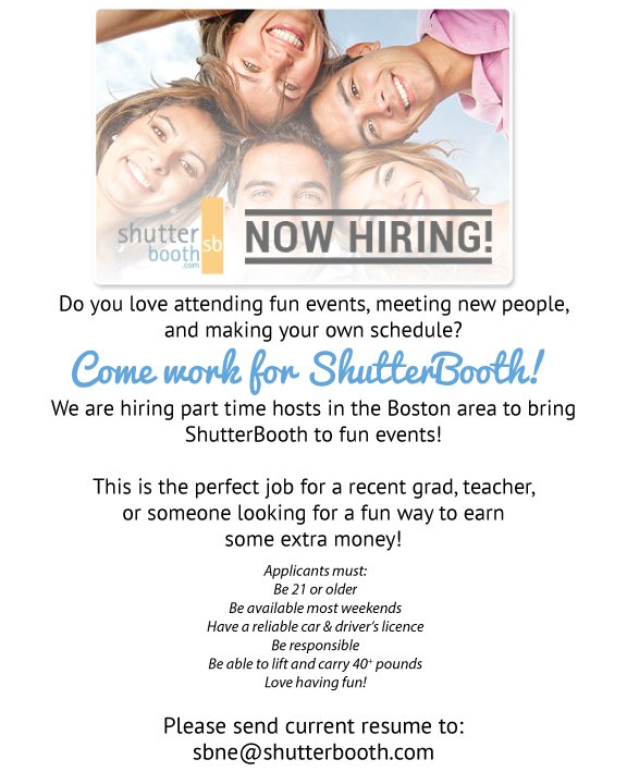 ShutterBoothNE's tweet image. We're hiring for our Woburn office! See photo for more info. Apply here: bit.ly/23y3fC3 #ShutterBooth