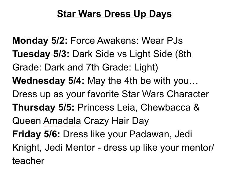 TMSLeaders's tweet photo. Final approved Star Wars Dress Up Days for Teacher Appreciation Week! 🐯💙💛✨☄ @TMSTigersSJSD https://t.co/aIFtxisGBB