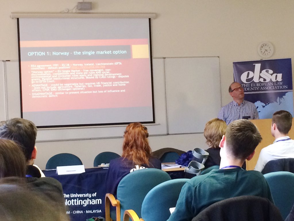 ELSA_UK's tweet photo. ELSA UK NCM has started in Nottingham: talk on legal consequences of #brexit! @UoN_Law @ELSAinfo @ELSANottingham https://t.co/R1qCZesFP1