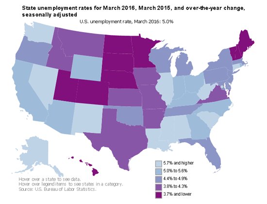BLS_gov's tweet photo. Unemployment rate declined in 36 states for the year ending March 2016 https://t.co/Dgs2UxpO8V #BLSdata https://t.co/v9qnzWNkZW