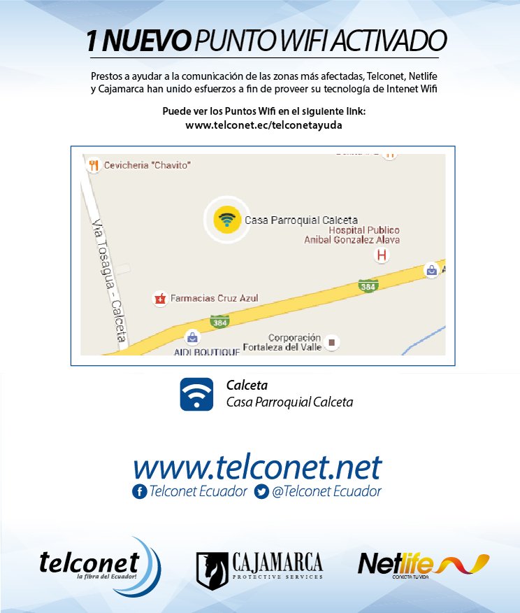 TelconetLatam's tweet photo. Nuevo Punto Wifi activado!
Lugar: Casa Parroquial de Calceta (Calceta). #FuerzaEcuador #InternetSolidario https://t.co/YAYypDY0al